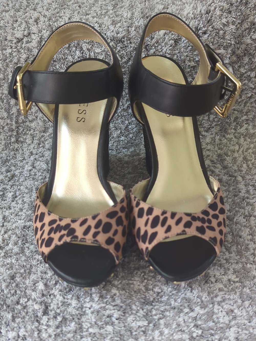 Guess Leopard Print Peep-Toe Wedge Heels with Black Ankle Strap Size 5.5 M